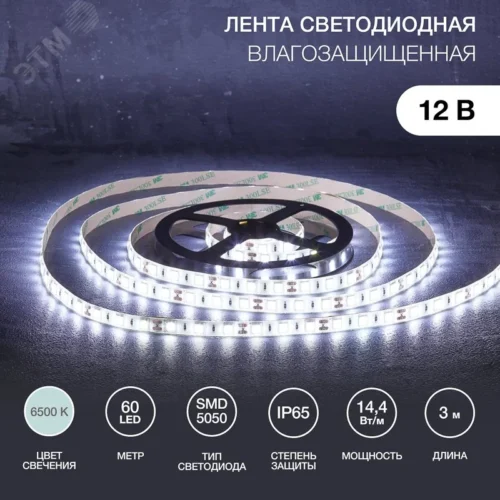Лента светодиодная 14.4Вт/м 12В 6500K IP65 LEDx60/м 3м SMD5050 для блока питания с клеммами — фото изделия