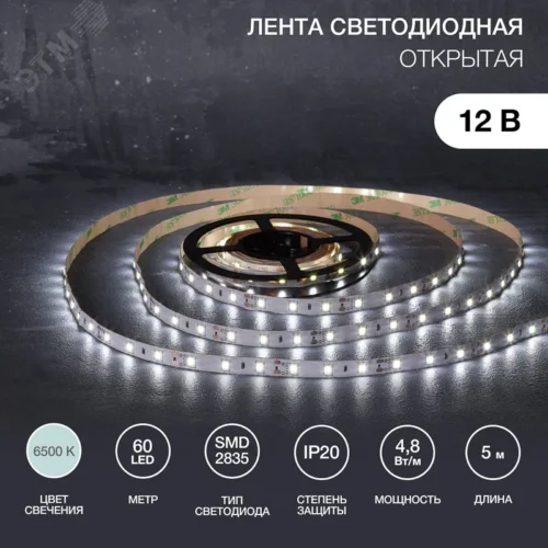 Лента светодиодная 4.8Вт/м 12В 6500K IP20 LEDx60/м 5м SMD2835 для блока питания с клеммами — фото изделия