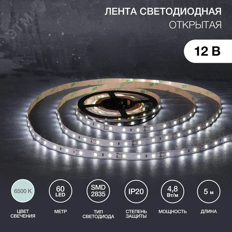 Лента светодиодная 4.8Вт/м 12В 6500K IP20 LEDx60/м 5м SMD2835 для блока питания с клеммами — фото изделия