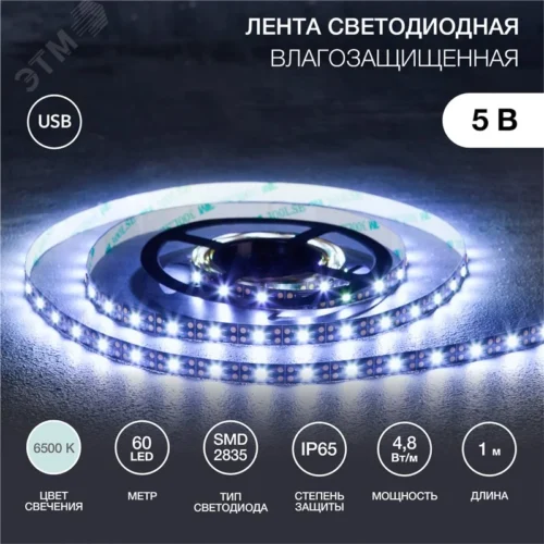 Лента светодиодная 4.8Вт/м 5В 6500K IP65 LEDx60/м 1м SMD2835 — фото изделия