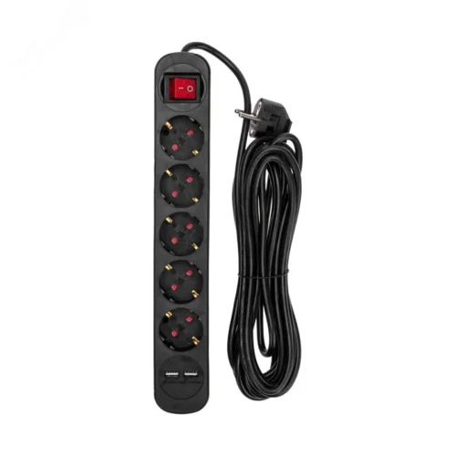 Удлинитель СТАНДАРТ 5 гнезд, 5 м, 3х1,0 мм2, с/з, с выключателем, 2 USB, черный — фото изделия
