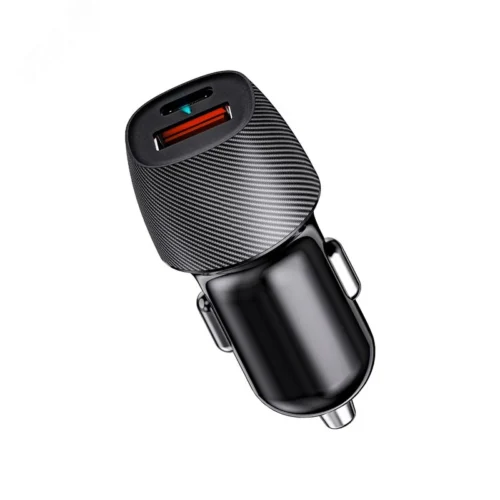 Устройство автомобильное зарядное с двумя портами (USB-A QC 3.0 + USB-C PD) со световой индикацией, 38Вт, черное — фото изделия