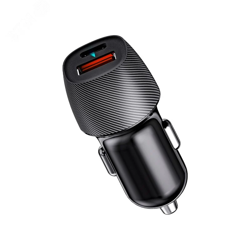 Устройство автомобильное зарядное с двумя портами (USB-A QC 3.0 + USB-C PD) со световой индикацией, 38Вт, черное — фото изделия