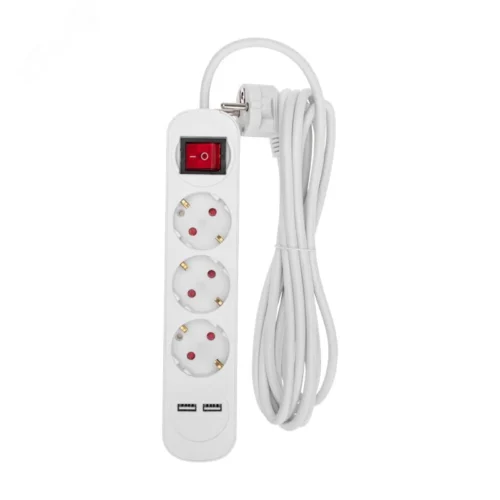Удлинитель СТАНДАРТ 3 гнезда, 3 м, 3х1,0 мм2, с/з, с выключателем, 2 USB, белый — фото изделия