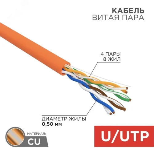 Витая пара U/UTP CAT 5e 4x2x0.50мм LSZH нг(А)-HF 24AWG IN SOLID оранжевый РФ — фото изделия