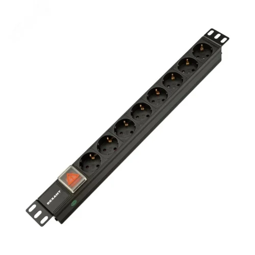 Блок розеток PDU горизонтальный 1U 8 розеток СЕЕ 7/4 Schuko 10A с выключателем гнездо C14 черный — фото изделия