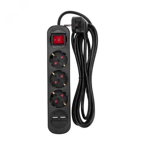 Удлинитель СТАНДАРТ 3 гнезда, 3 м, 3х1,0 мм2, с/з, с выключателем, 2 USB, черный — фото изделия