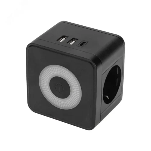 Разветвитель двойник электрический Куб 16А с/з + 2хUSB-A 2,4А + USB-C 3А с ночной подсветкой, черный — фото изделия