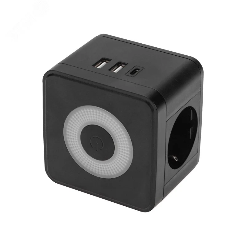 Разветвитель двойник электрический Куб 16А с/з + 2хUSB-A 2,4А + USB-C 3А с ночной подсветкой, черный — фото изделия