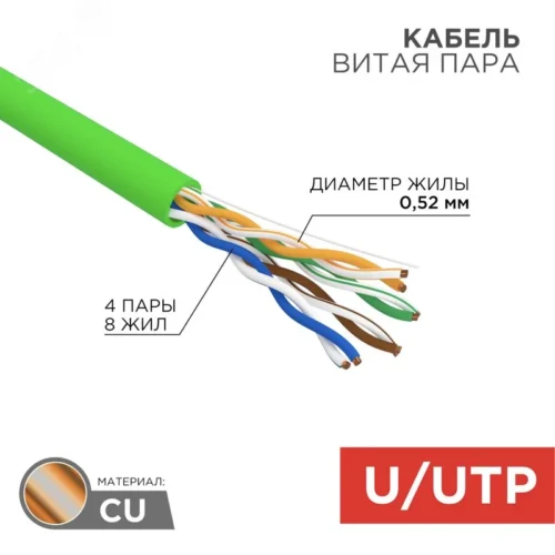 Витая пара U/UTP, CAT 5e, PVC, нг(А)-LSLTx, 4х2х0,52мм, INDOOR, SOLID, зеленый, РФ — фото изделия