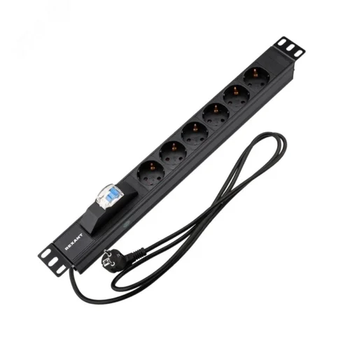 Блок розеток PDU горизонтальный 1U 6 розеток СЕЕ 7/4 Schuko 16A автомат защиты шнур 2м вилка СЕЕ 7/7 Schuko черный — фото изделия