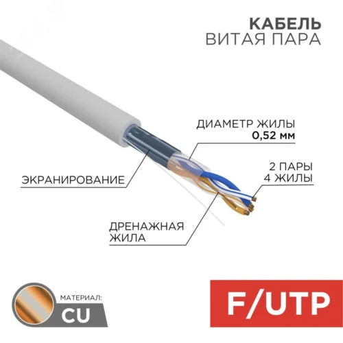 Витая пара F/UTP CAT 5e 2х2х0.52мм LSZH нг(А)-HF 24AWG IN серый PRO — фото изделия