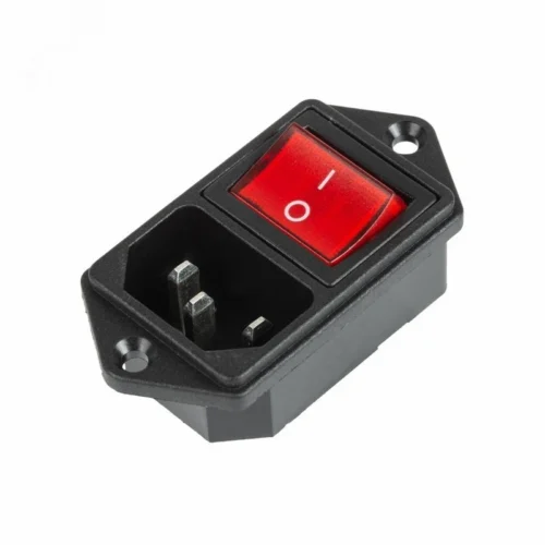 Выключатель клавишный 250В 6А (4с) ON-OFF красный с подсветкой и штекером C14 3PIN — фото изделия