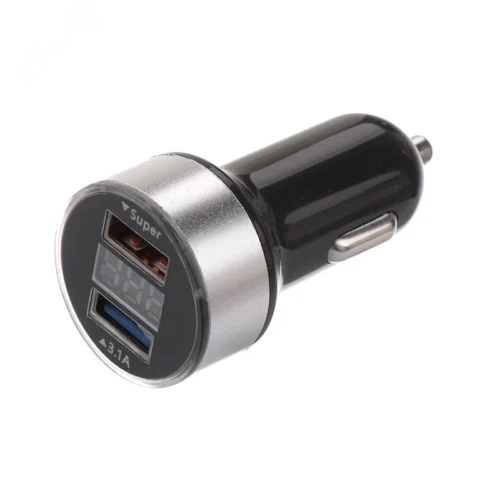 Автозарядка в прикуриватель 2хUSB с дисплеем, АЗУ, 1000+2100 mA, серебристая, — фото изделия