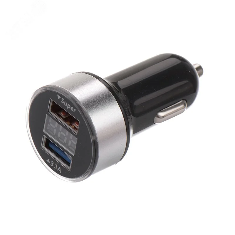 Автозарядка в прикуриватель 2хUSB с дисплеем, АЗУ, 1000+2100 mA, серебристая, — фото изделия