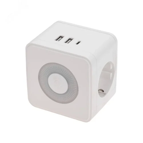 Разветвитель двойник электрический Куб 16А с/з + 2хUSB-A 2,4А + USB-C 3А с ночной подсветкой, белый — фото изделия