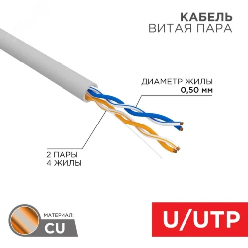Витая пара U/UTP, CAT 5e, PVC, 2PR, 24AWG, INDOOR, SOLID, серый, РФ — фото изделия