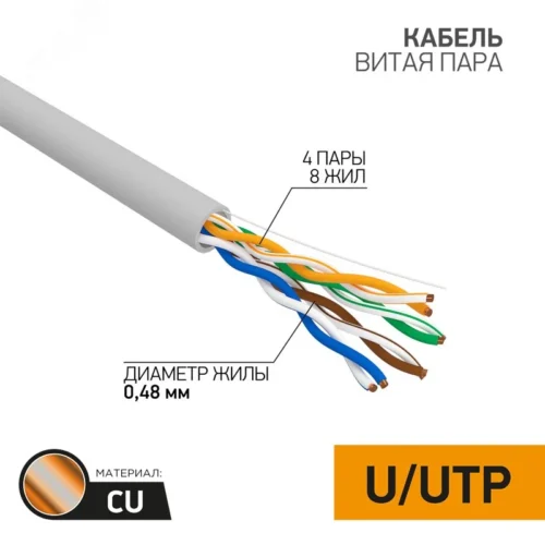 Витая пара U/UTP, CAT 5e, PVC, 4PR, 24AWG, INDOOR, SOLID, серый, 305м, серия LIGHT, РФ — фото изделия