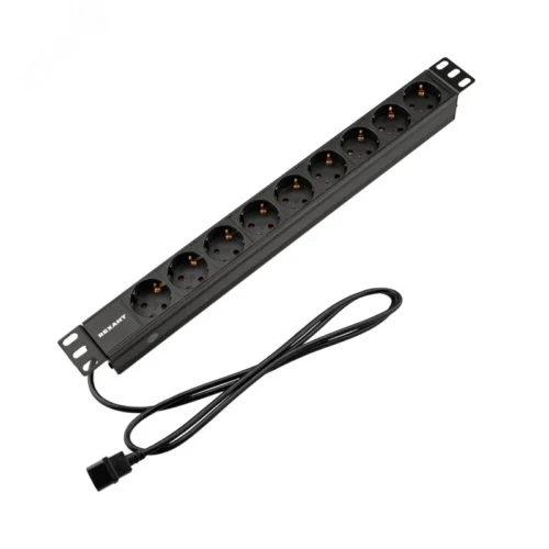 Блок розеток PDU горизонтальный 1U 9 розеток СЕЕ 7/4 Schuko 10A шнур 2м вилка C14 черный — фото изделия