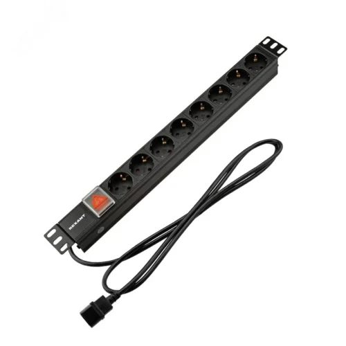 Блок розеток PDU горизонтальный 1U 8 розеток СЕЕ 7/4 Schuko 10A с выключателем шнур 2м вилка C14 черный — фото изделия