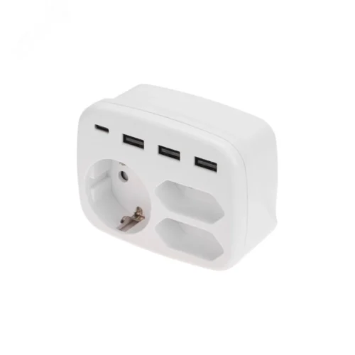 Тройник электрический 16А с/з + 2х2,5А + 3хUSB-A 2,4А + USB-C 3А, белый — фото изделия