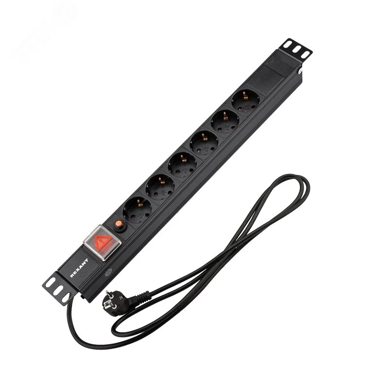 Блок розеток PDU горизонтальный 1U 6 розеток СЕЕ 7/4 Schuko 16A с выключателем шнур 2м вилка СЕЕ 7/7 Schuko черный — фото изделия