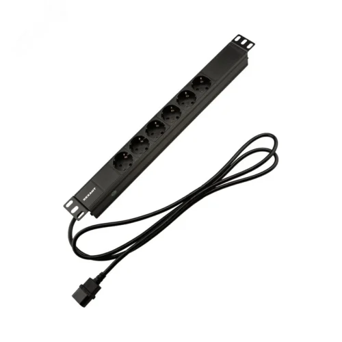 Блок розеток PDU горизонтальный 1U 6 розеток СЕЕ 7/4 Schuko 10A шнур 2м вилка C14 черный — фото изделия
