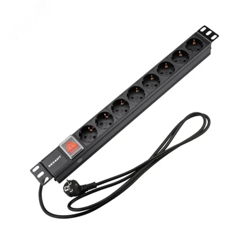 Блок розеток PDU горизонтальный 1U 8 розеток СЕЕ 7/4 Schuko 16A с выключателем шнур 2м вилка СЕЕ 7/7 Schuko черный — фото изделия