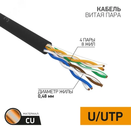 Витая пара U/UTP, CAT 5e, PE, 4PR, 24AWG, OUTDOOR, SOLID, черный, 305м, серия LIGHT, РФ — фото изделия
