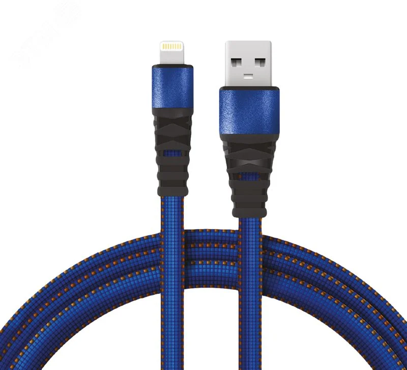 Кабель USB-Lightning 2.4 A, 1 м, синяя нейлоновая оплетка, 18-7053, — фото изделия