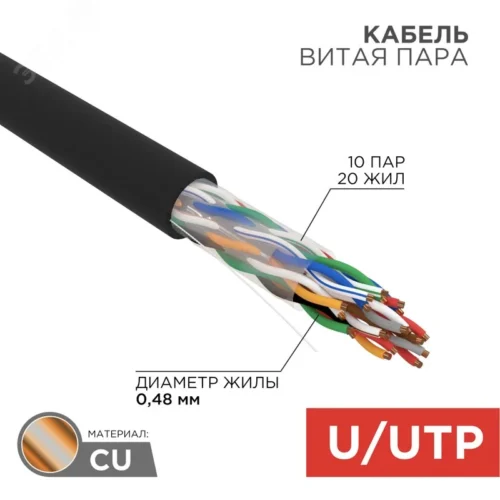 Витая пара U/UTP CAT 5е PE 10PR 24AWG OUTDOOR SOLID черный 305м — фото изделия