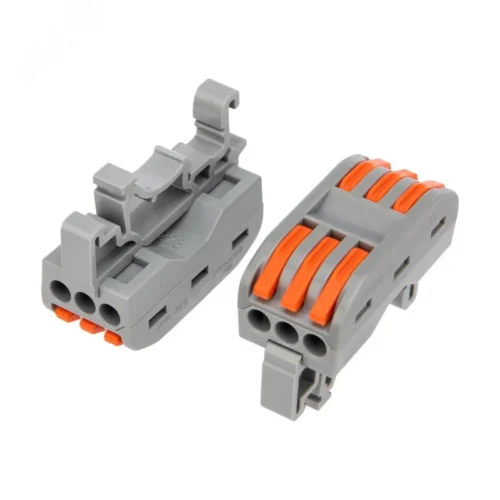 Клемма СМК 222-423D проходная 3-полюсная, с креплением на DIN-рейку (0,08-4 кв мм), серая (5 шт./уп.), REXANT — фото изделия